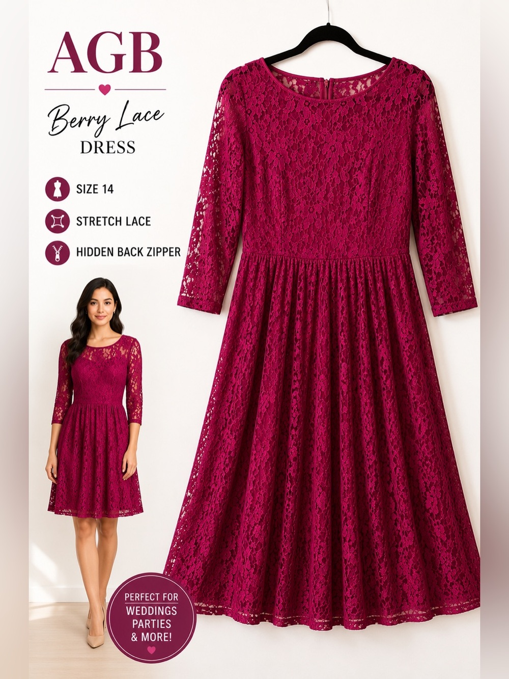 AGB Berry Lace Fit & Flare Dress Size 14 Wedding Guest Cocktail